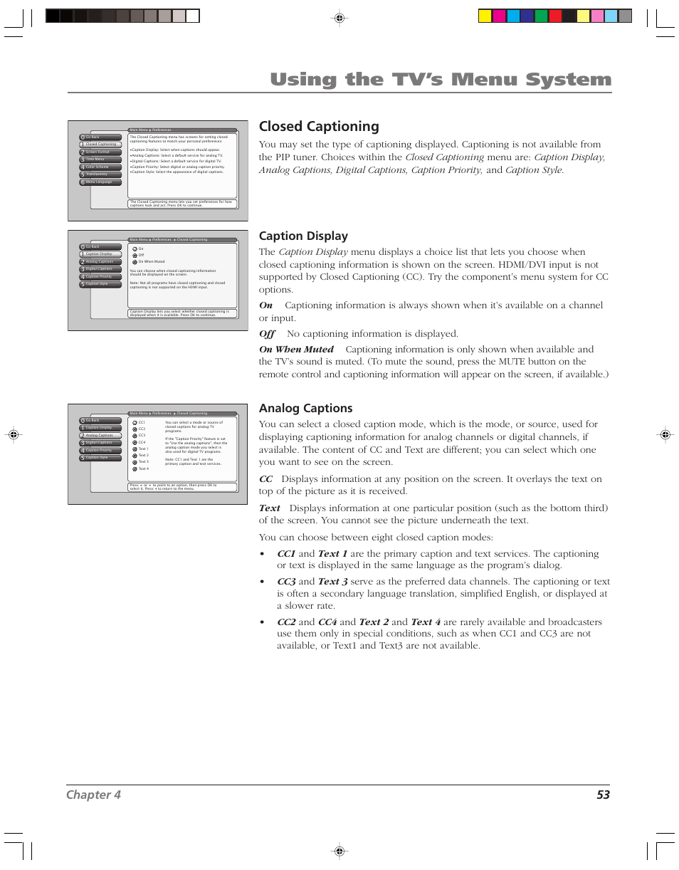 Using the tv’s menu system, Closed captioning, Chapter 4 53 | Caption display, Analog captions | RCA HD52W55 User Manual | Page 55 / 80