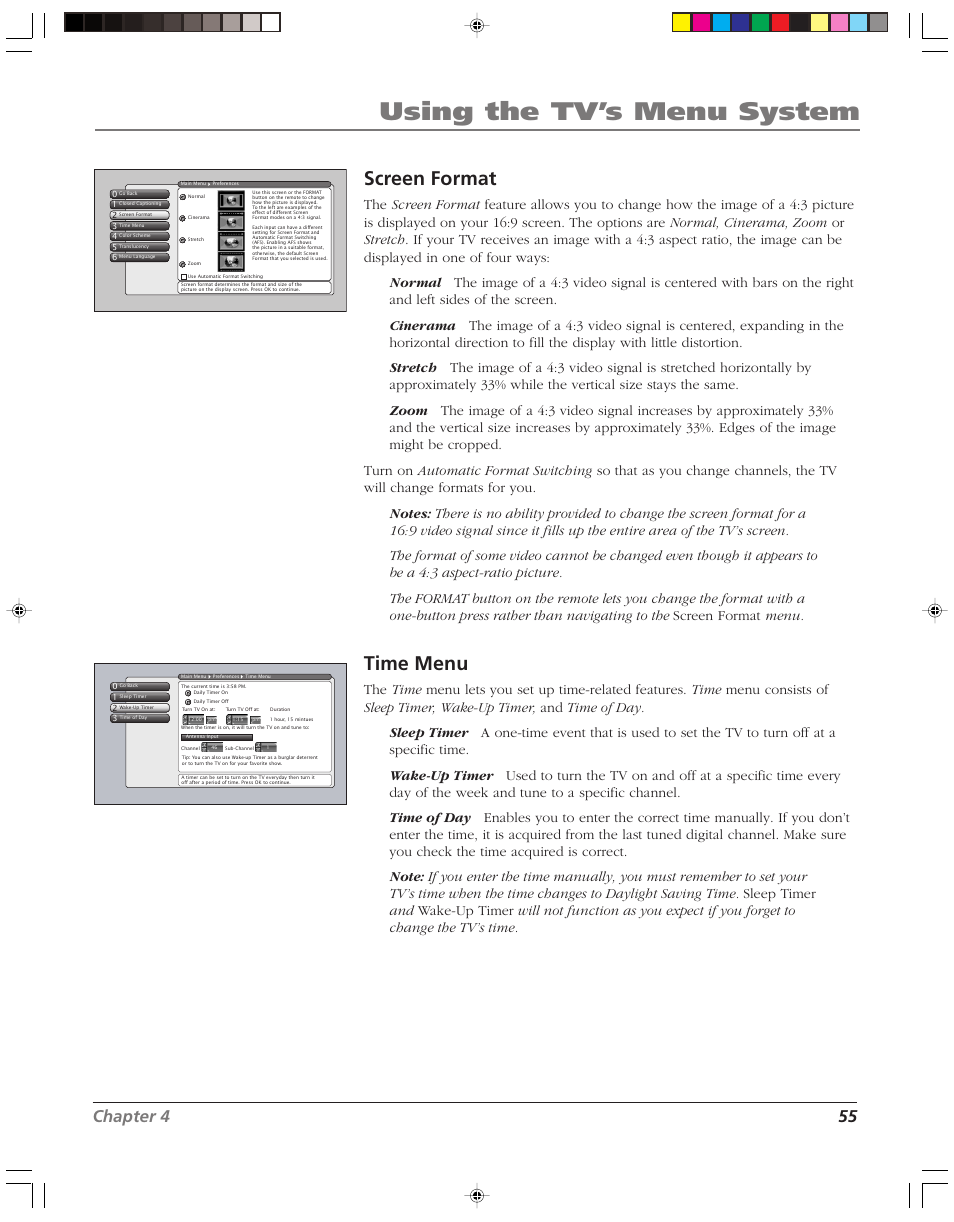 Using the tv’s menu system, Screen format, Time menu | Chapter 4 55 | RCA HD52W55 User Manual | Page 57 / 80