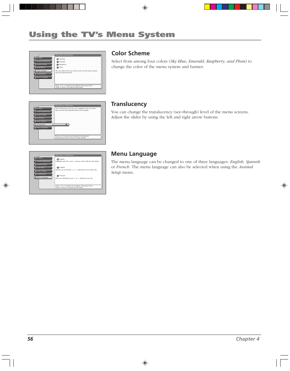 Using the tv’s menu system, Color scheme, Translucency | Menu language, 56 chapter 4 | RCA HD52W55 User Manual | Page 58 / 80