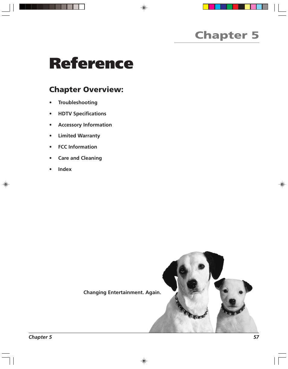 Reference, Chapter 5, Chapter overview | RCA HD52W55 User Manual | Page 59 / 80