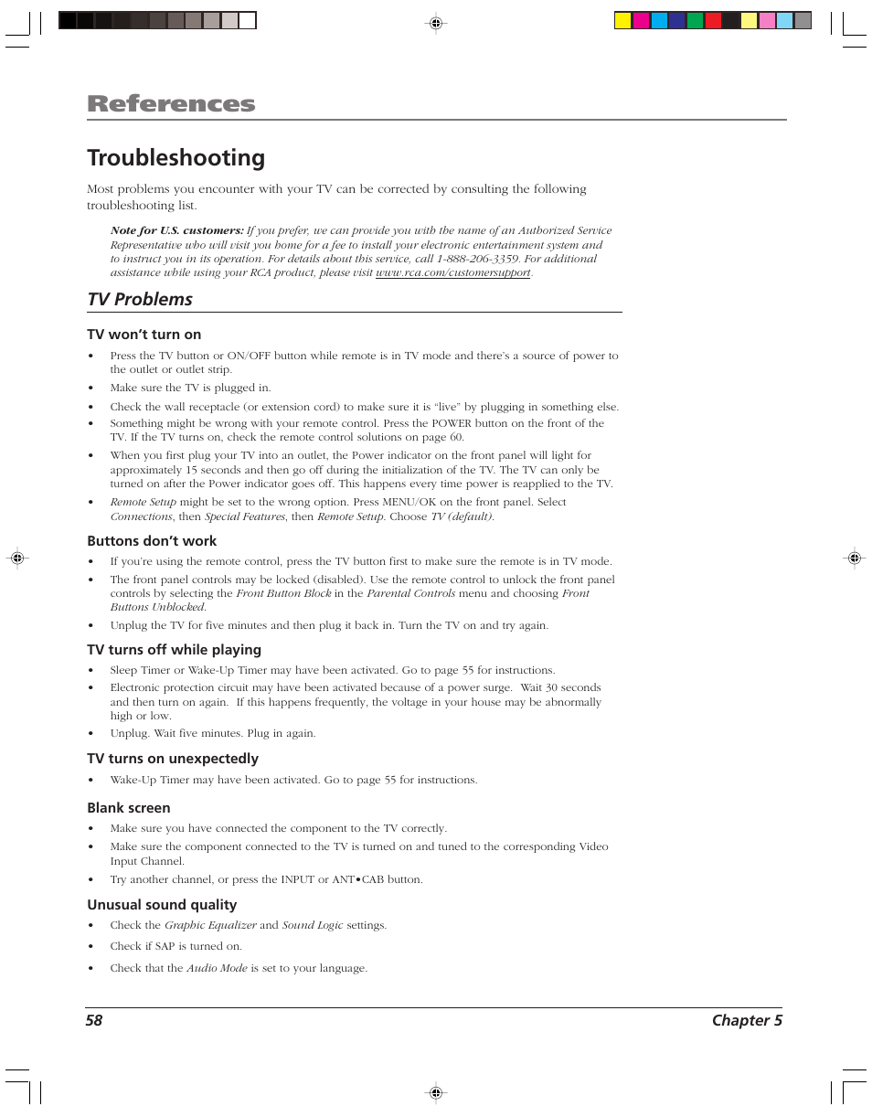 References, Troubleshooting, Tv problems | RCA HD52W55 User Manual | Page 60 / 80