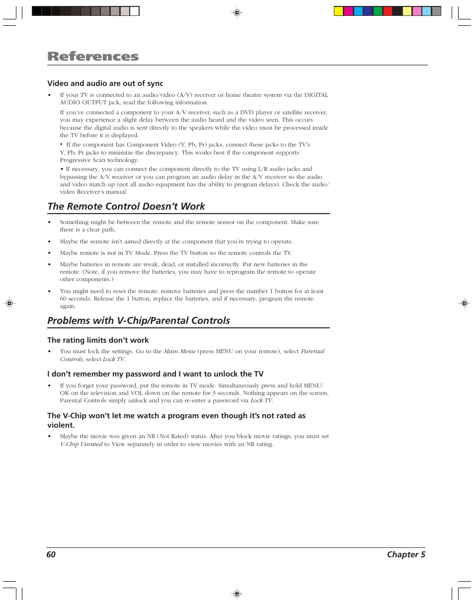References, The remote control doesn’t work, Problems with v-chip/parental controls | RCA HD52W55 User Manual | Page 62 / 80