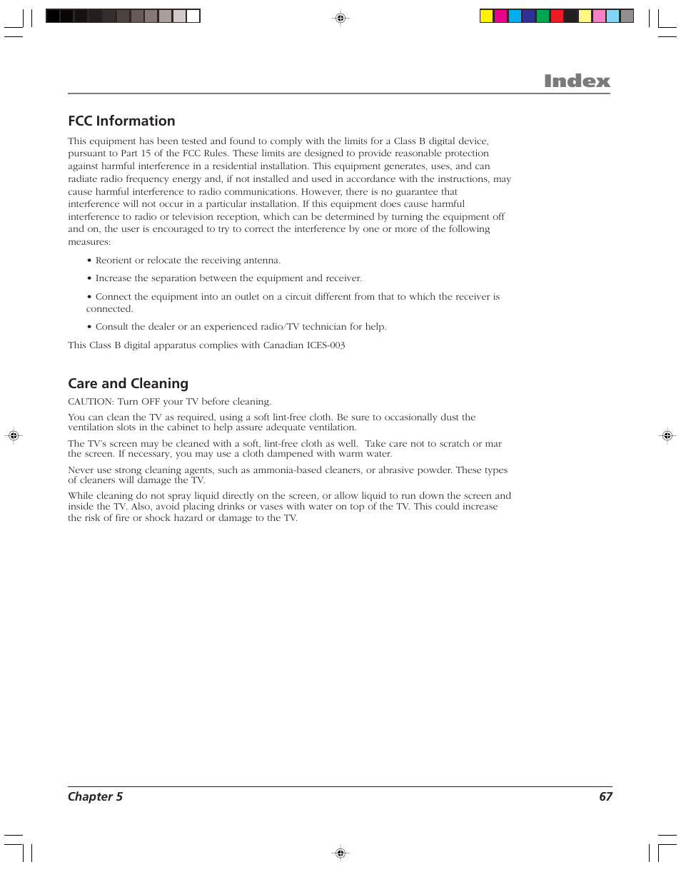 Index, Fcc information, Care and cleaning | RCA HD52W55 User Manual | Page 69 / 80