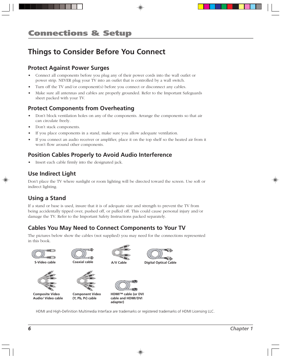 Connections & setup, Things to consider before you connect, Protect against power surges | Protect components from overheating, Use indirect light, Using a stand | RCA HD52W55 User Manual | Page 8 / 80