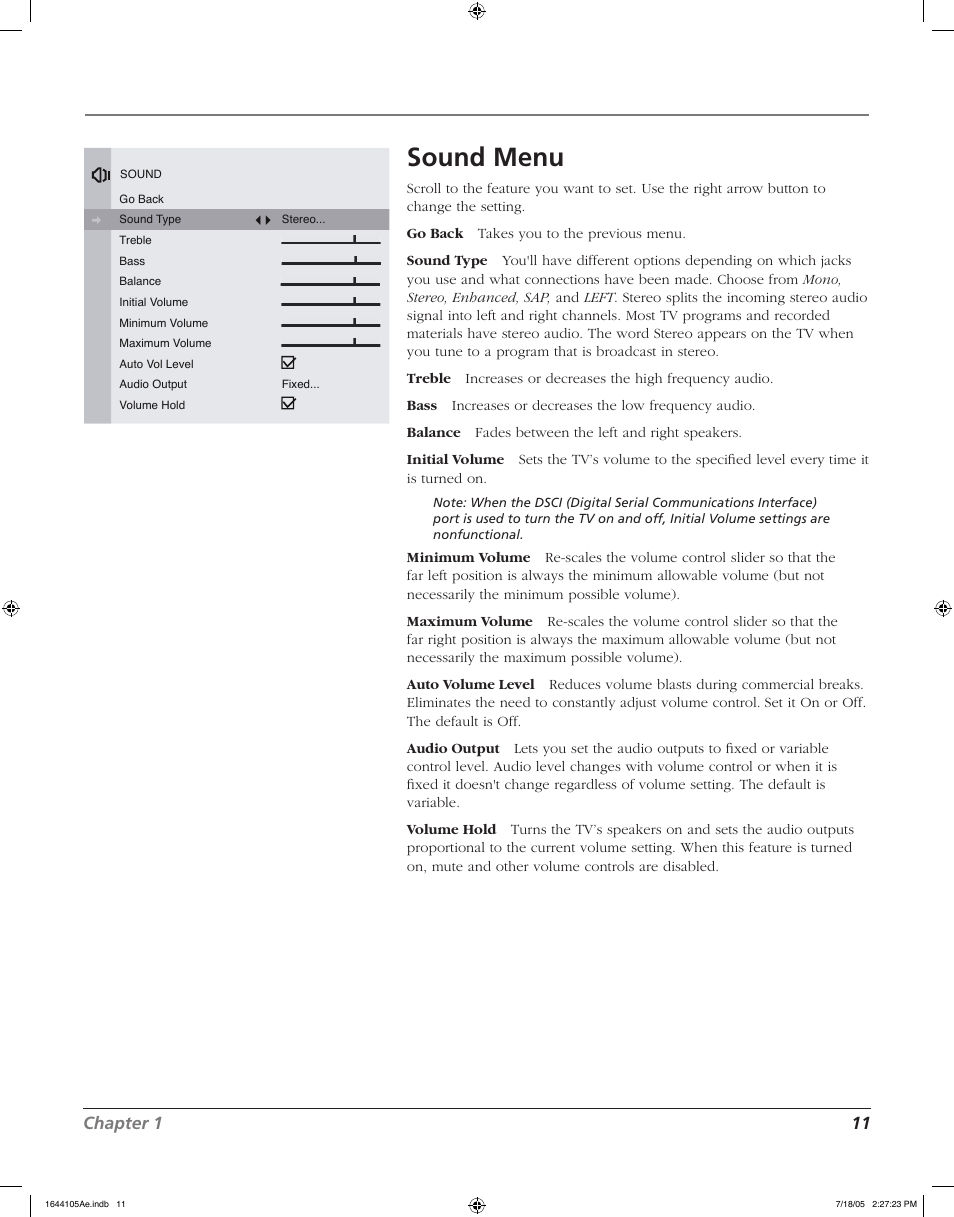 Connections & setup, Sound menu, Chapter 1 11 | RCA J32F635 User Manual | Page 11 / 40