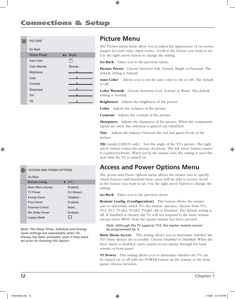 Connections & setup, Picture menu, Access and power options menu | 12 chapter 1 | RCA J32F635 User Manual | Page 12 / 40