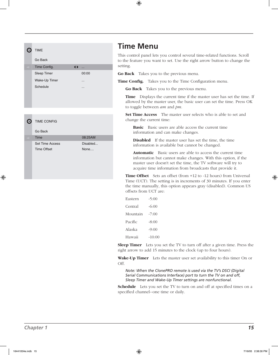 Connections & setup, Time menu, Chapter 1 15 | RCA J32F635 User Manual | Page 15 / 40