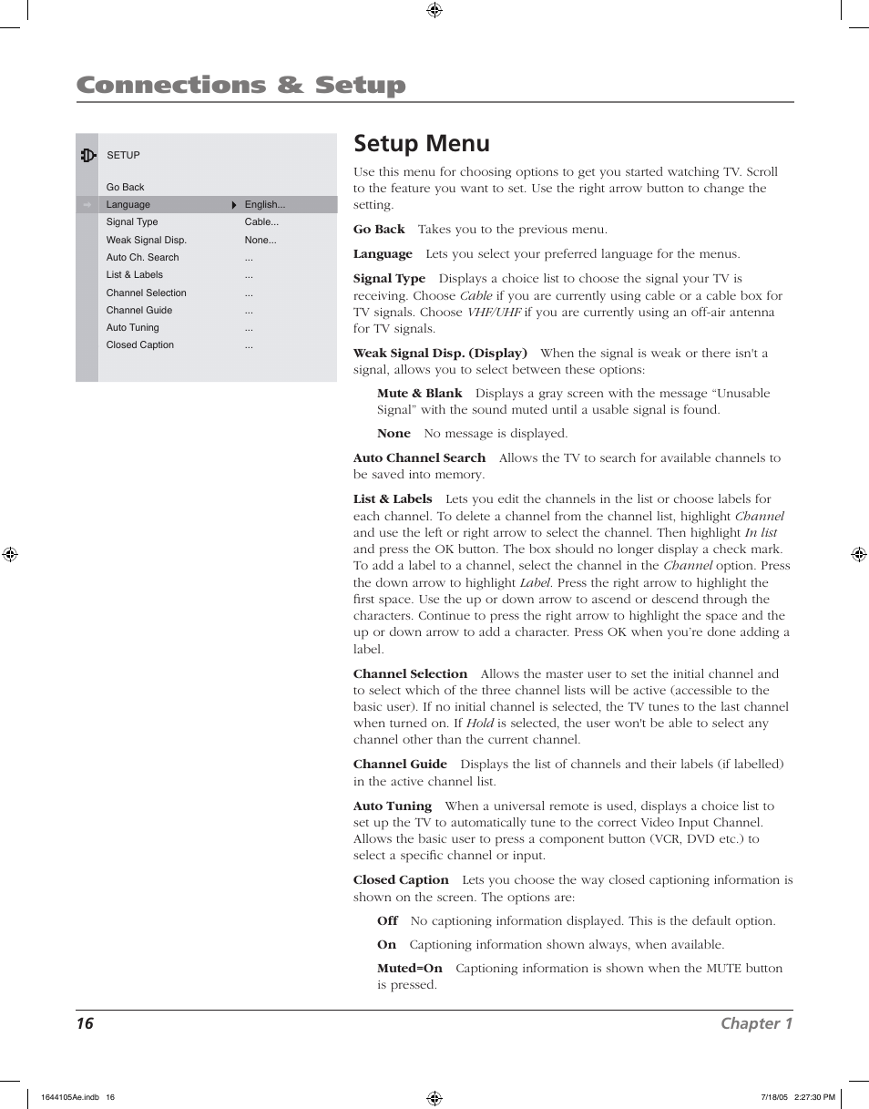 Connections & setup, Setup menu, 16 chapter 1 | RCA J32F635 User Manual | Page 16 / 40