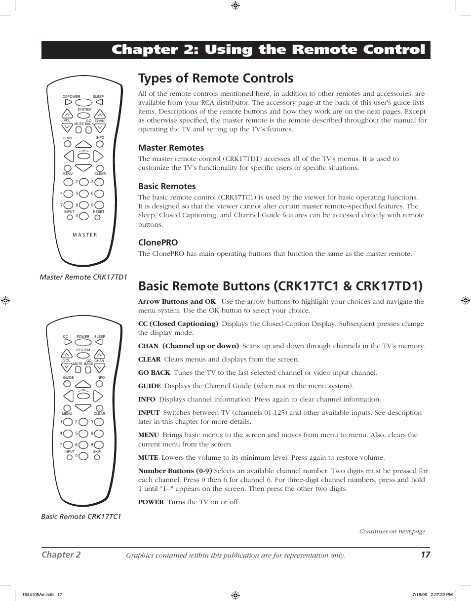 Types of remote controls, Chapter 2: using the remote control, Chapter 2 17 | Master remotes, Basic remotes, Clonepro, Master remote crk17td1, Basic remote crk17tc1 | RCA J32F635 User Manual | Page 17 / 40