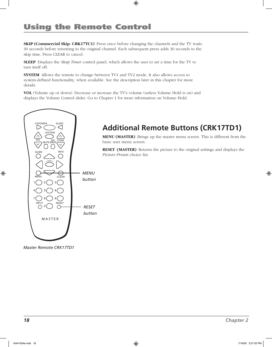 Using the remote control, Additional remote buttons (crk17td1), 18 chapter 2 | RCA J32F635 User Manual | Page 18 / 40