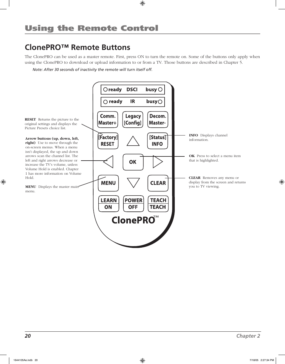 Using the remote control, Clonepro™ remote buttons | RCA J32F635 User Manual | Page 20 / 40