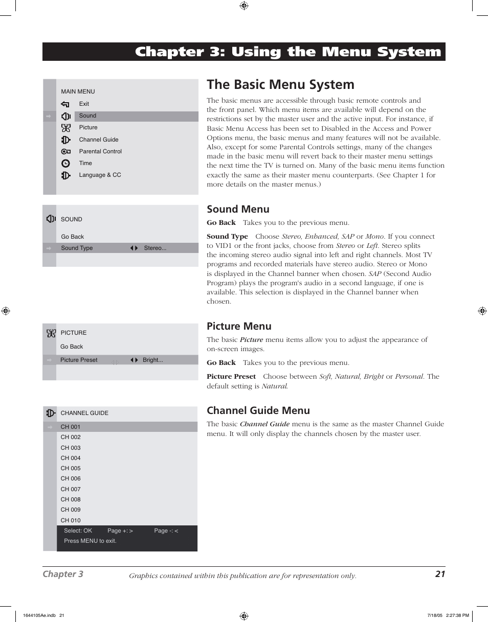 The basic menu system, Chapter 3: using the menu system, Sound menu | Picture menu, Channel guide menu, Chapter 3 21 | RCA J32F635 User Manual | Page 21 / 40