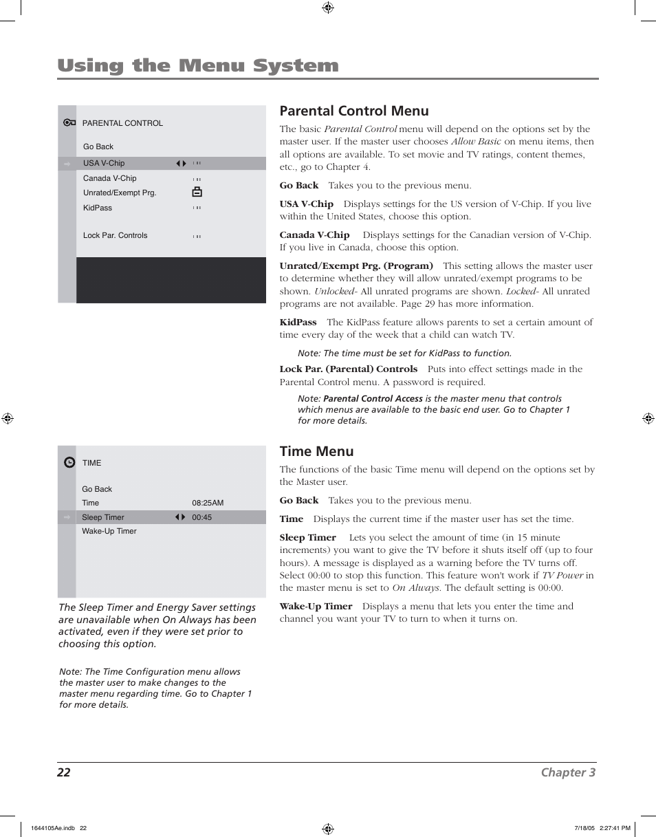 Using the menu system, Parental control menu, Time menu | 22 chapter 3 | RCA J32F635 User Manual | Page 22 / 40