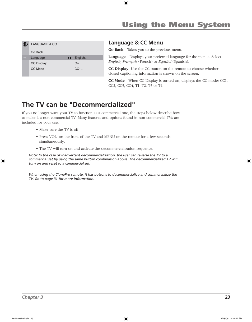 Using the menu system, The tv can be "decommercialized, Language & cc menu | Chapter 3 23 | RCA J32F635 User Manual | Page 23 / 40