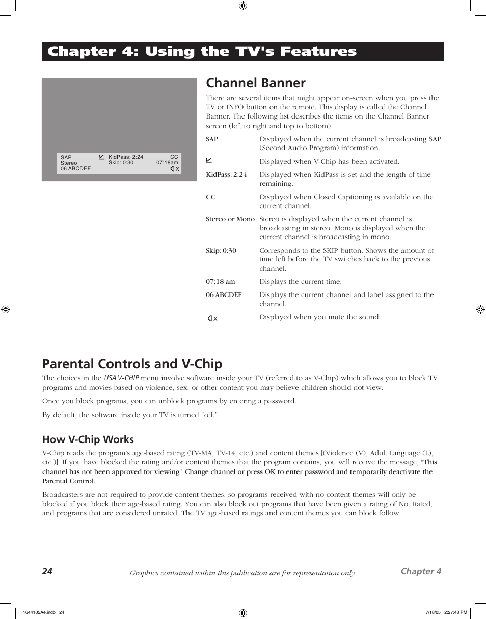 Channel banner, Parental controls and v-chip, Chapter 4: using the tv's features | How v-chip works | RCA J32F635 User Manual | Page 24 / 40