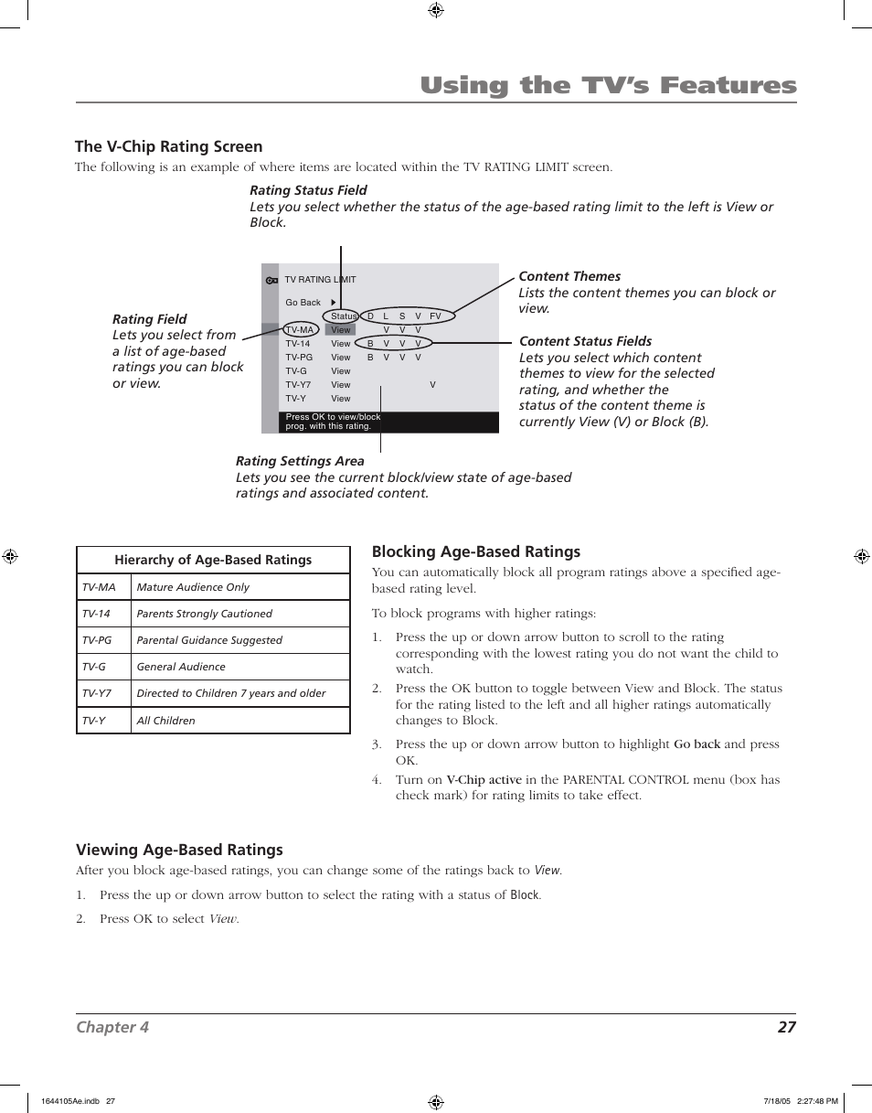 Using the tv’s features, Chapter 4 27, The v-chip rating screen | Blocking age-based ratings, Viewing age-based ratings | RCA J32F635 User Manual | Page 27 / 40