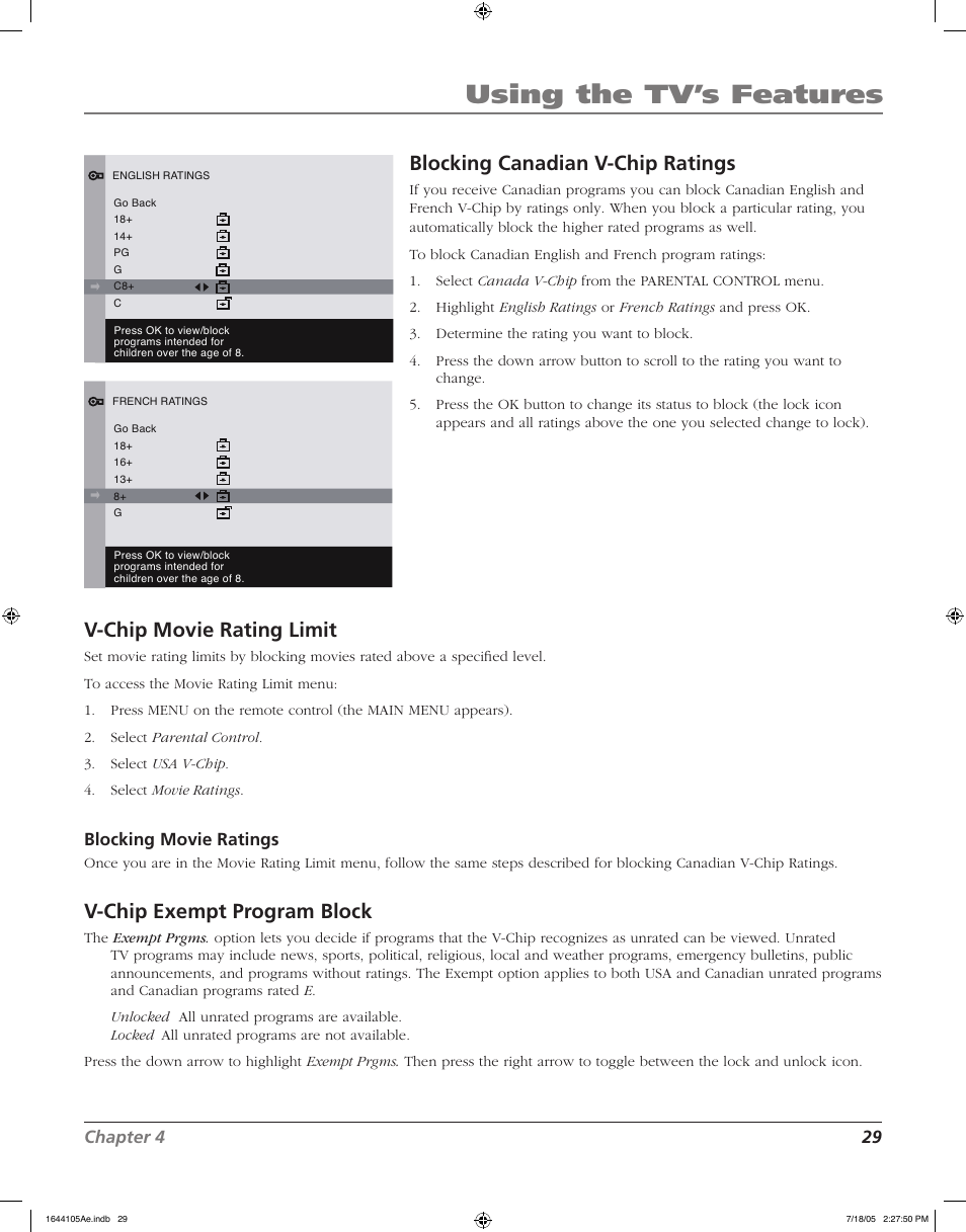 Using the tv’s features, Blocking canadian v-chip ratings, V-chip movie rating limit | V-chip exempt program block | RCA J32F635 User Manual | Page 29 / 40