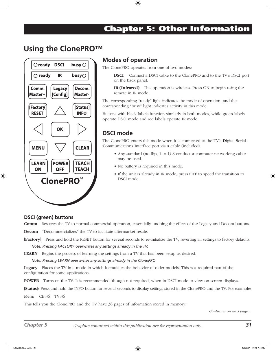 Other information chapter 5: other information, Using the clonepro, Modes of operation | Dsci mode | RCA J32F635 User Manual | Page 31 / 40
