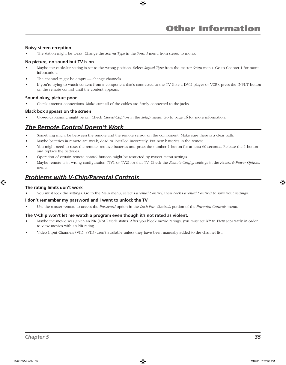 Other information, The remote control doesn’t work, Problems with v-chip/parental controls | RCA J32F635 User Manual | Page 35 / 40