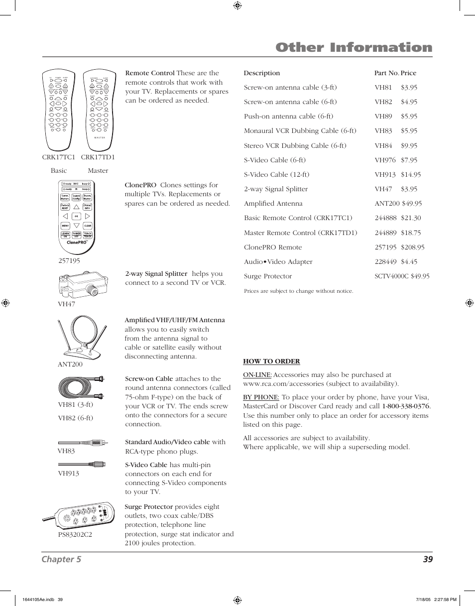 Other information, Chapter 5 39, Description part no. price crk17tc1 basic | RCA J32F635 User Manual | Page 39 / 40