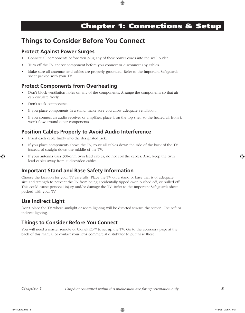 Things to consider before you connect, Chapter 1: connections & setup, Protect against power surges | Protect components from overheating, Important stand and base safety information, Use indirect light | RCA J32F635 User Manual | Page 5 / 40