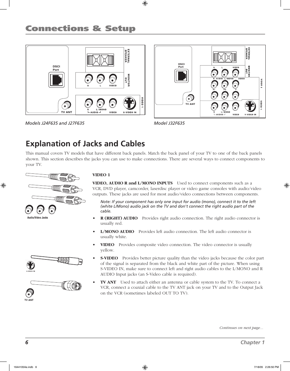 Connections & setup, Explanation of jacks and cables, 6chapter 1 | RCA J32F635 User Manual | Page 6 / 40