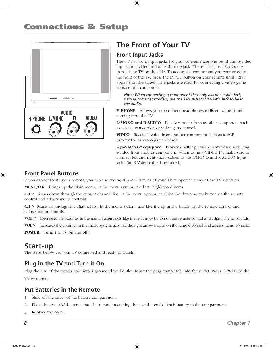 Connections & setup, The front of your tv, Start-up | Front input jacks, Front panel buttons, Plug in the tv and turn it on, Put batteries in the remote | RCA J32F635 User Manual | Page 8 / 40