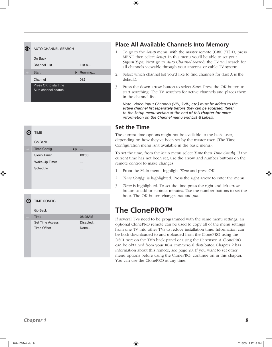 Connections & setup, The clonepro, Set the time | Chapter 1 9 | RCA J32F635 User Manual | Page 9 / 40