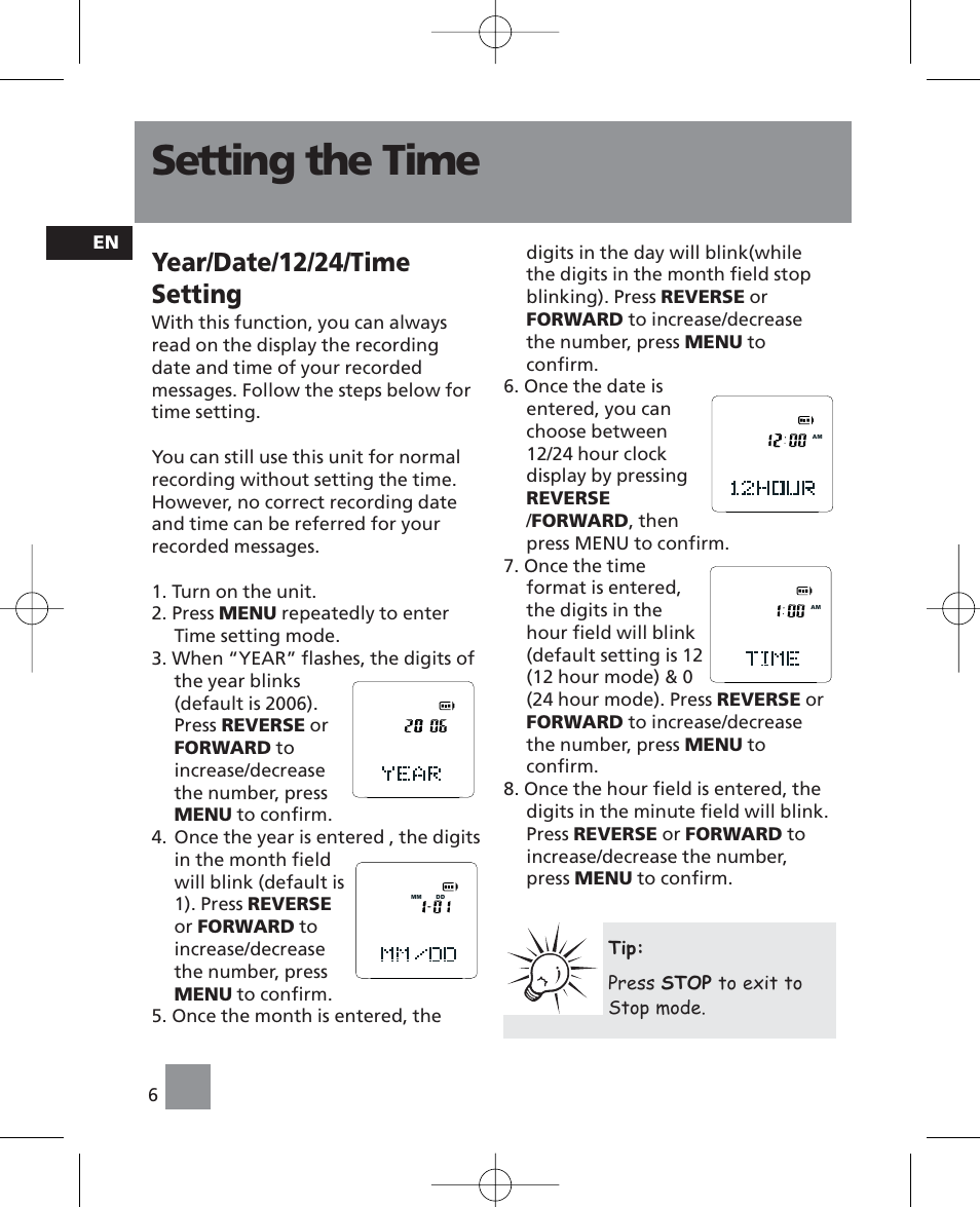 Setting the time, Year/date/12/24/time setting | RCA RP5035 User Manual | Page 10 / 24