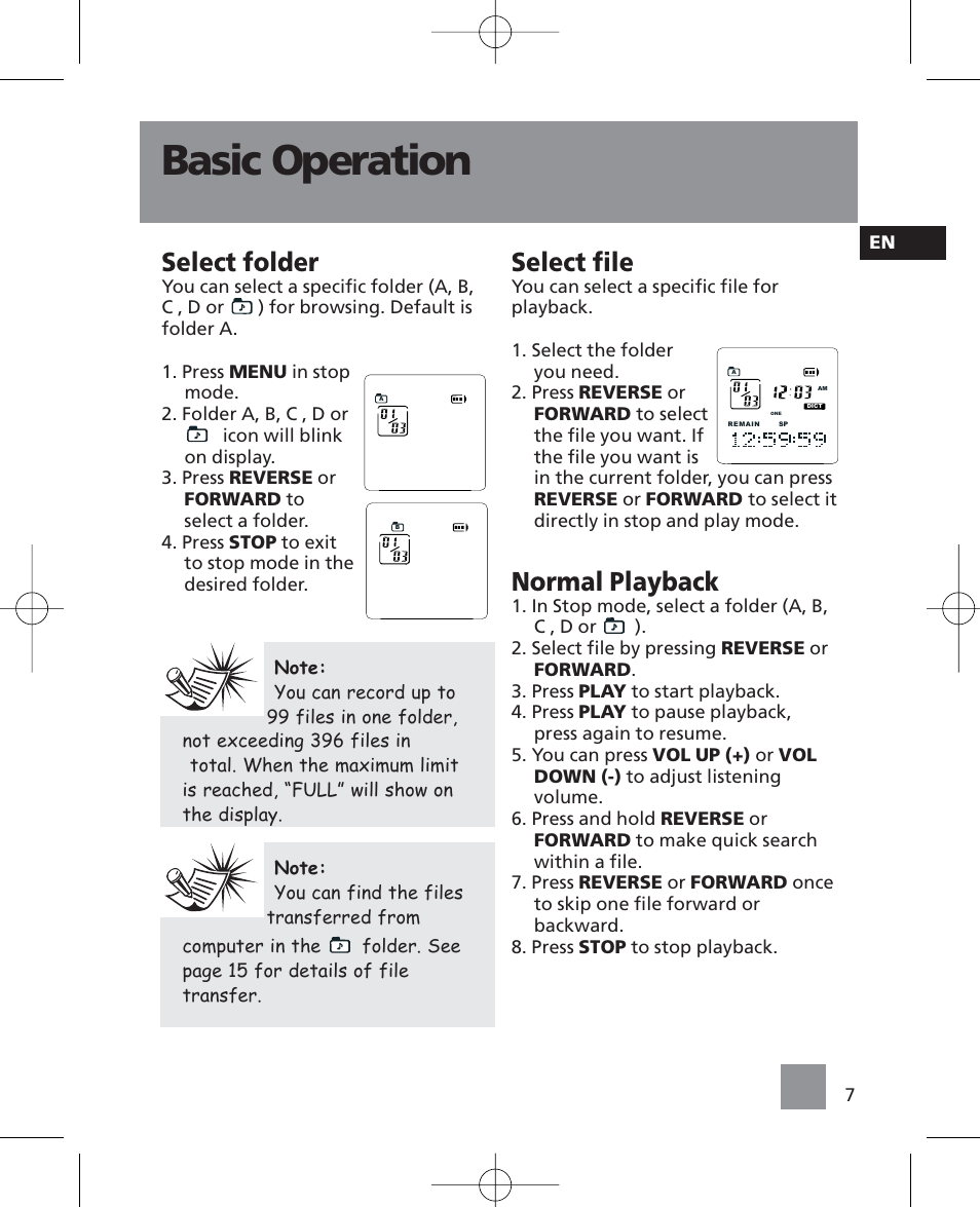 Basic operation, Select folder, Select file | Normal playback | RCA RP5035 User Manual | Page 11 / 24
