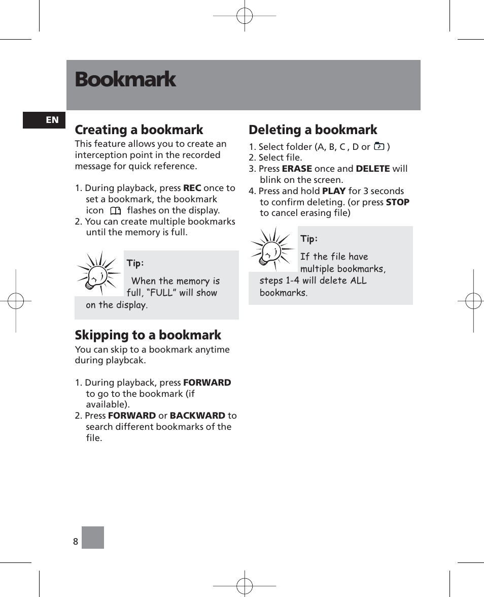 Bookmark, Creating a bookmark, Skipping to a bookmark | Deleting a bookmark | RCA RP5035 User Manual | Page 12 / 24