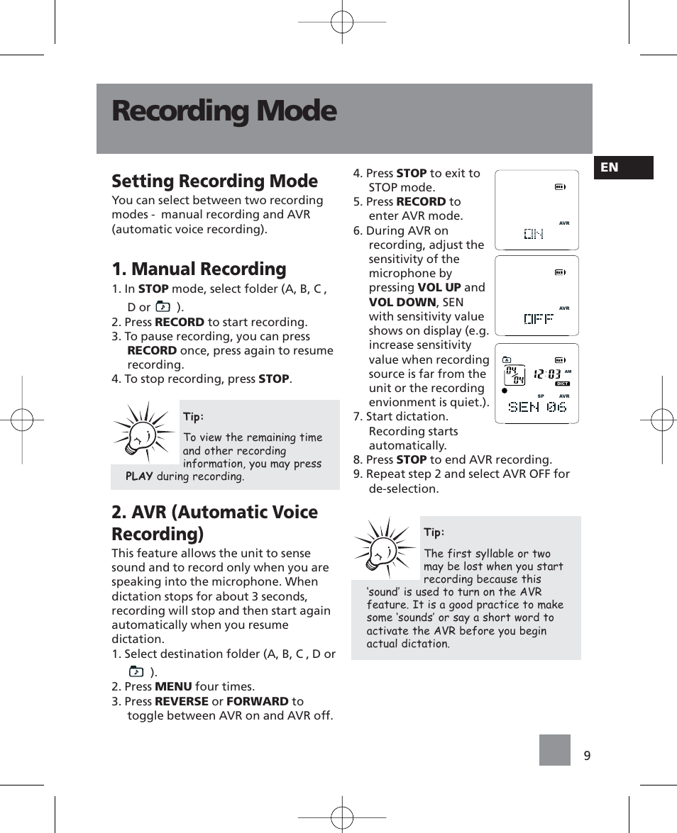 Recording mode, Setting recording mode, Manual recording | Avr (automatic voice recording) | RCA RP5035 User Manual | Page 13 / 24