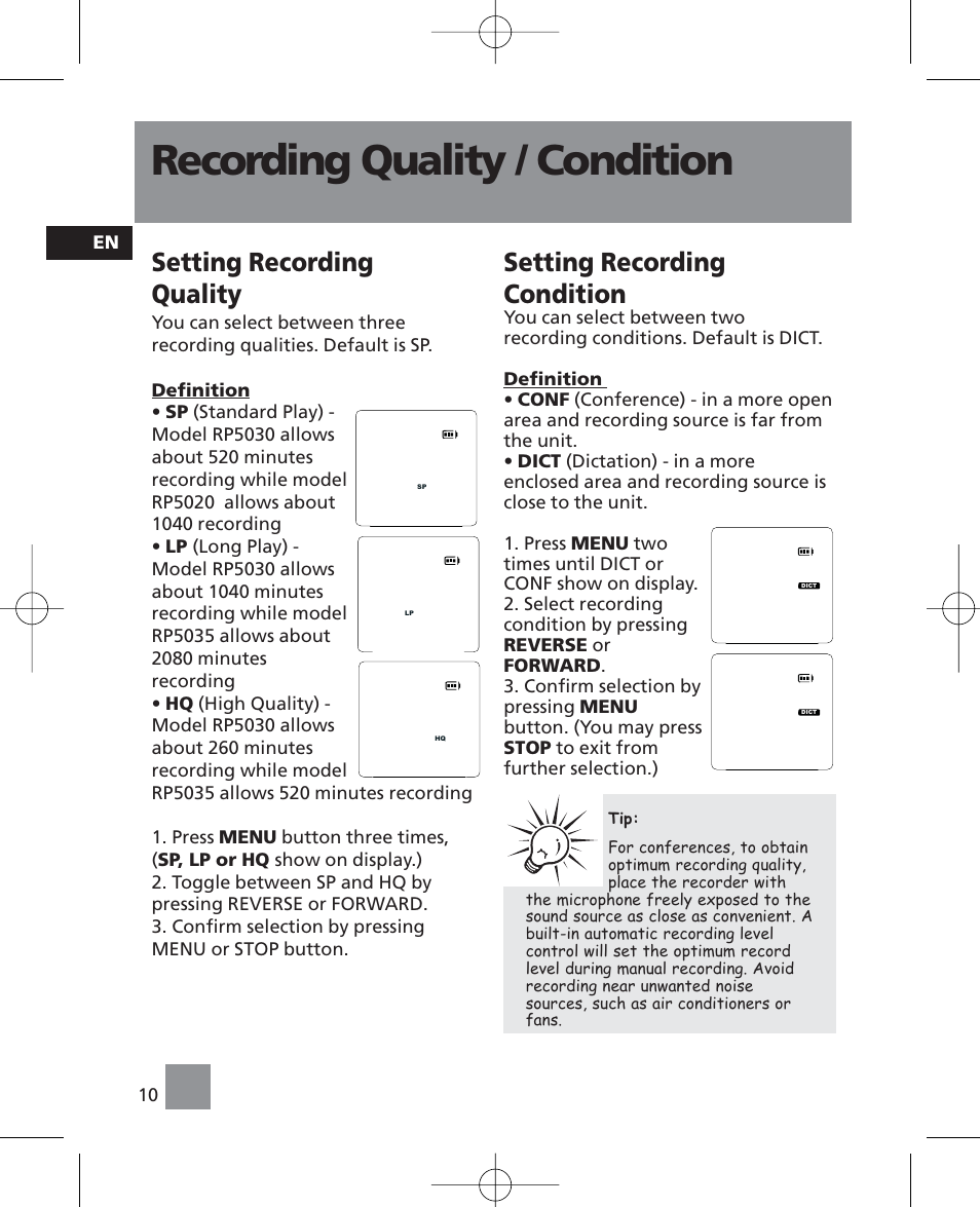Recording quality / condition, Setting recording quality, Setting recording condition | RCA RP5035 User Manual | Page 14 / 24