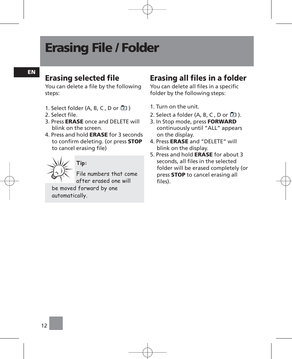 Erasing file / folder, Erasing selected file, Erasing all files in a folder | RCA RP5035 User Manual | Page 16 / 24