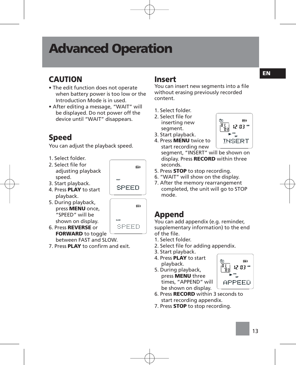 Advanced operation, Caution, Speed | Insert, Append | RCA RP5035 User Manual | Page 17 / 24