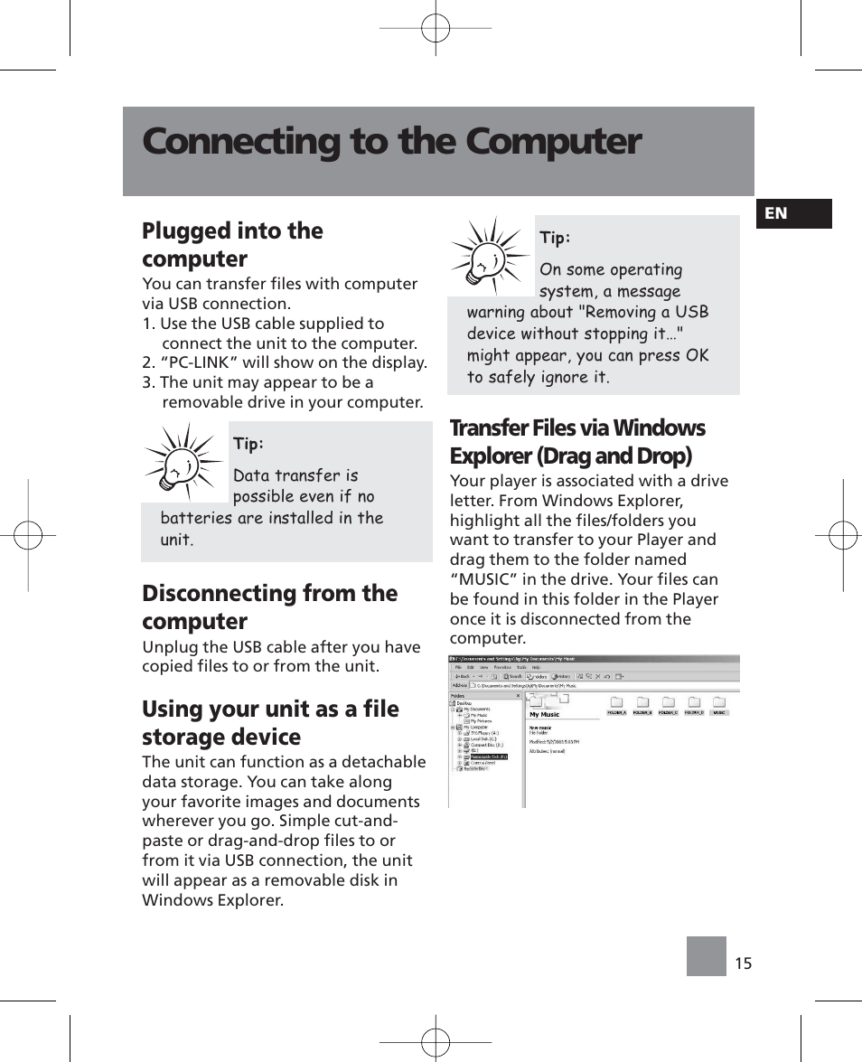 Connecting to the computer, Plugged into the computer, Disconnecting from the computer | Using your unit as a file storage device | RCA RP5035 User Manual | Page 19 / 24