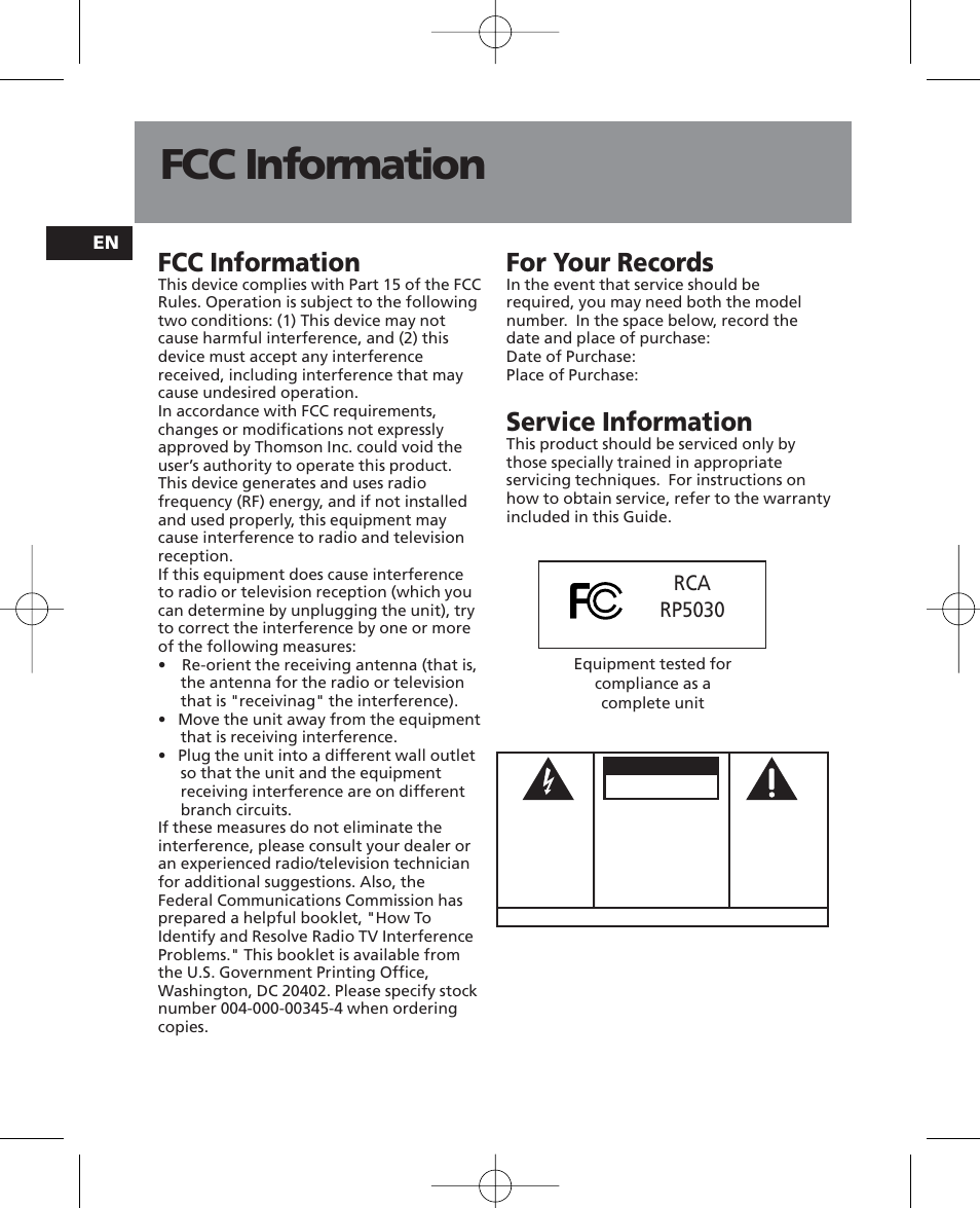 Fcc information, For your records, Service information | Rca rp5030 | RCA RP5035 User Manual | Page 2 / 24