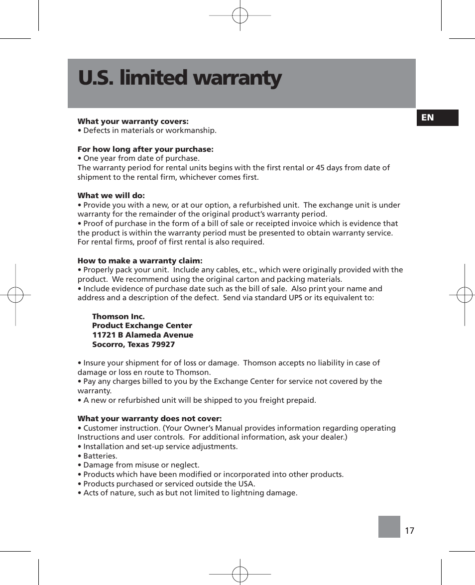 U.s. limited warranty | RCA RP5035 User Manual | Page 21 / 24