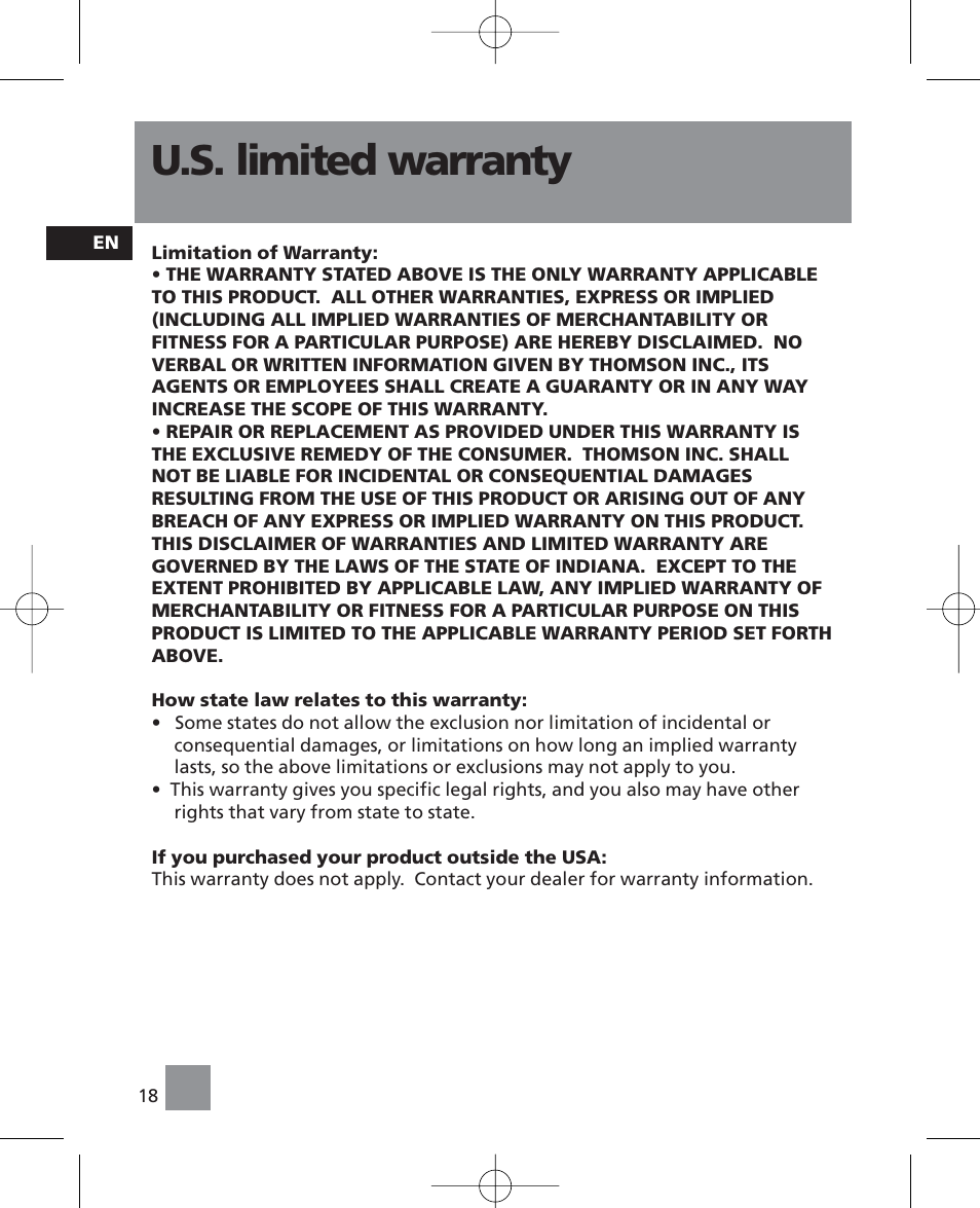 U.s. limited warranty | RCA RP5035 User Manual | Page 22 / 24