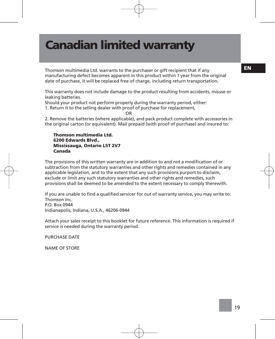 Canadian limited warranty | RCA RP5035 User Manual | Page 23 / 24