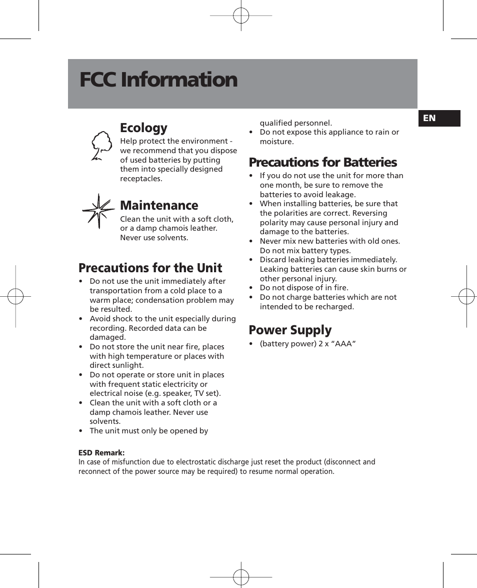 Fcc information, Ecology, Maintenance | Precautions for the unit, Precautions for batteries, Power supply | RCA RP5035 User Manual | Page 3 / 24