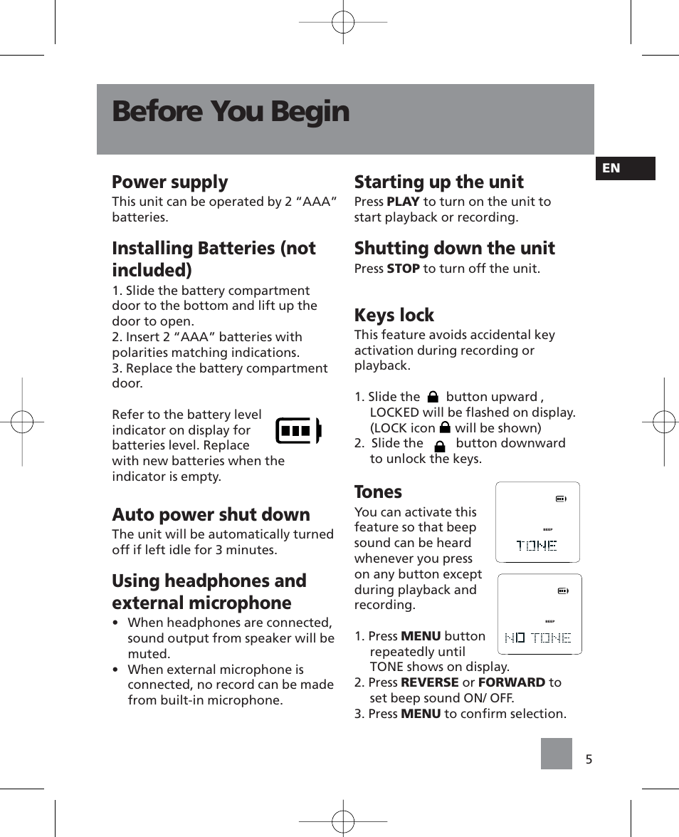 Before you begin, Power supply, Installing batteries (not included) | Auto power shut down, Using headphones and external microphone, Starting up the unit, Shutting down the unit, Keys lock, Tones | RCA RP5035 User Manual | Page 9 / 24
