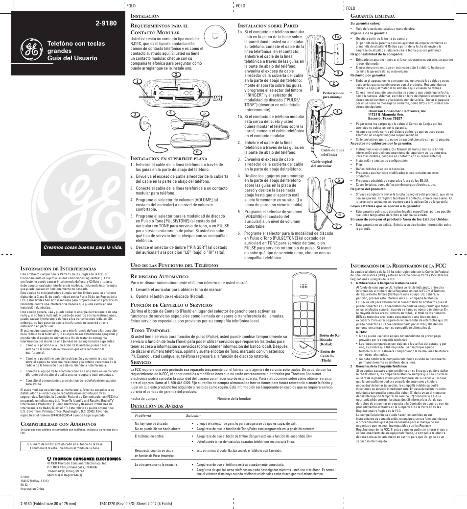 Easy dial, Button, Telefóno con teclas grandes guía del usuario | RCA FOLD 2-9180 User Manual | Page 2 / 2