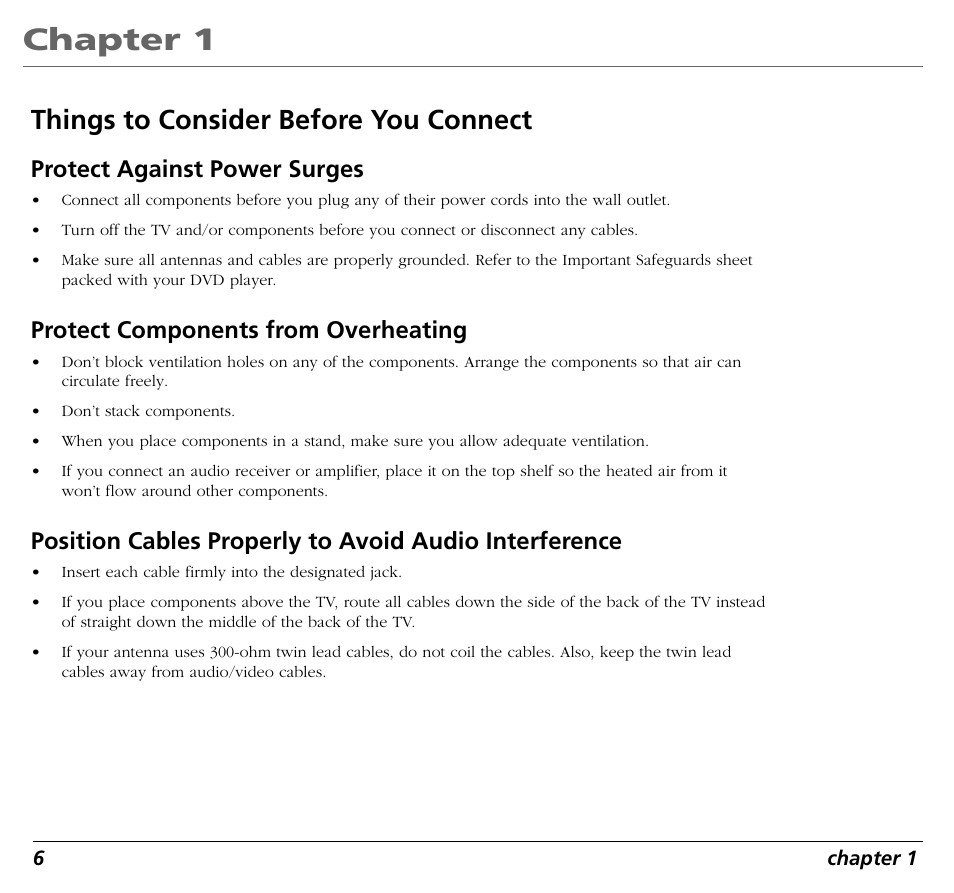 Chapter 1, Things to consider before you connect, Protect against power surges | Protect components from overheating | RCA RC5400P User Manual | Page 10 / 78