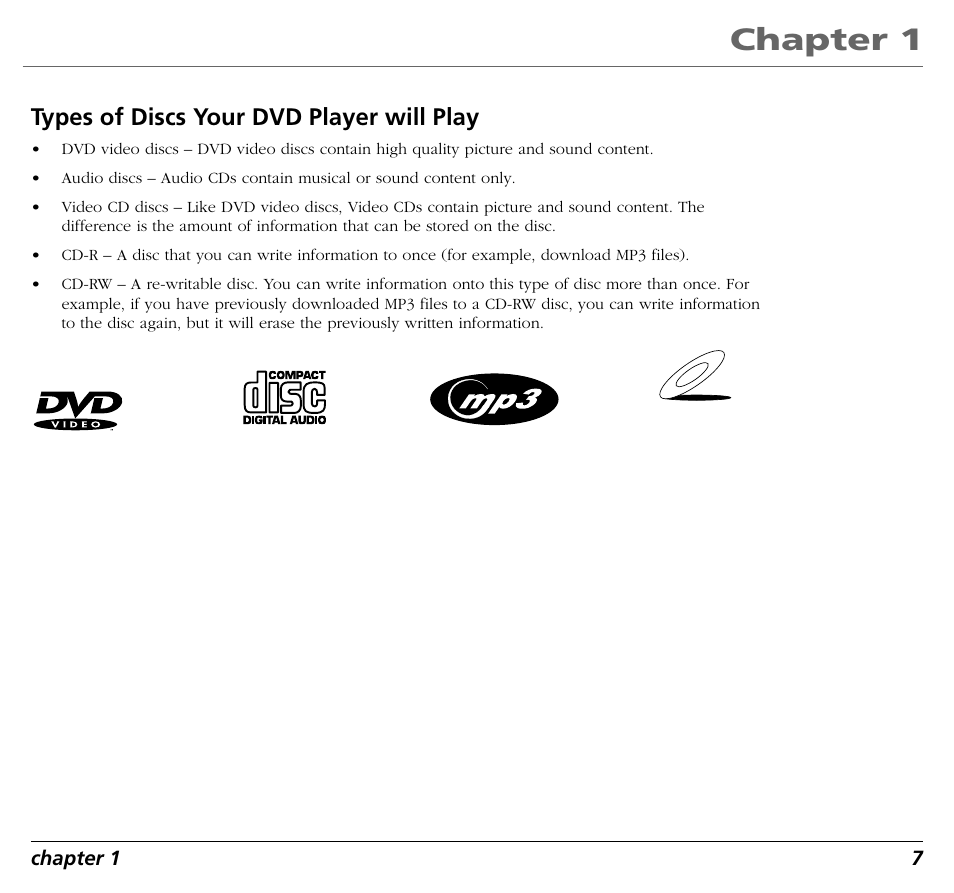 Chapter 1, Video cd, Types of discs your dvd player will play | RCA RC5400P User Manual | Page 11 / 78