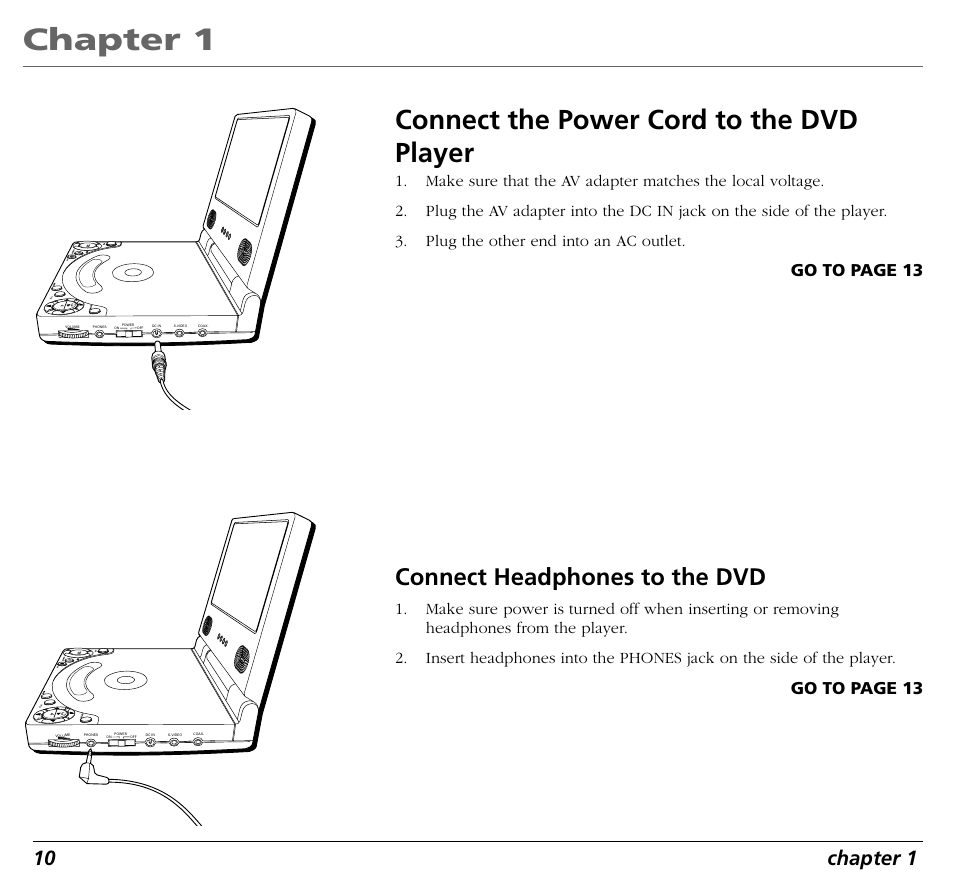 Chapter 1, Connect the power cord to the dvd player, Connect headphones to the dvd | 10 chapter 1, Go to page 13 | RCA RC5400P User Manual | Page 14 / 78