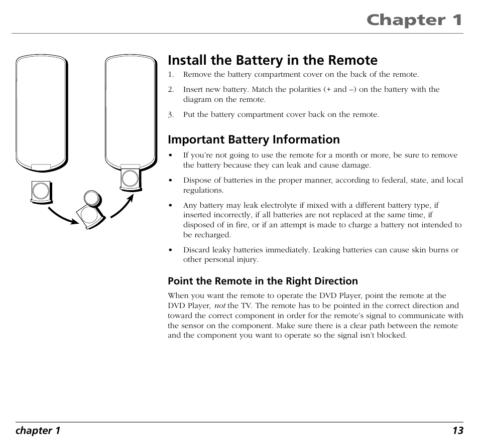 Chapter 1, Install the battery in the remote, Important battery information | RCA RC5400P User Manual | Page 17 / 78