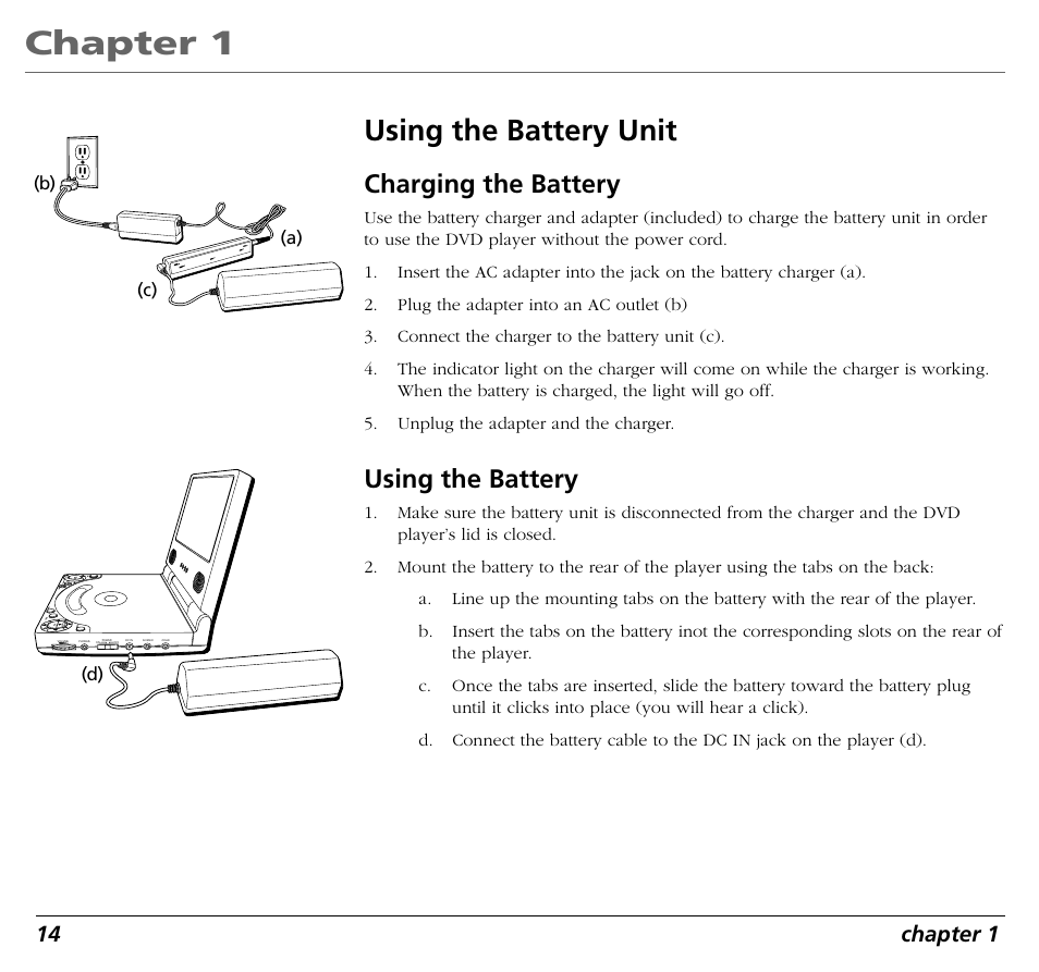 Chapter 1, Using the battery unit, Charging the battery | Using the battery, 14 chapter 1 | RCA RC5400P User Manual | Page 18 / 78