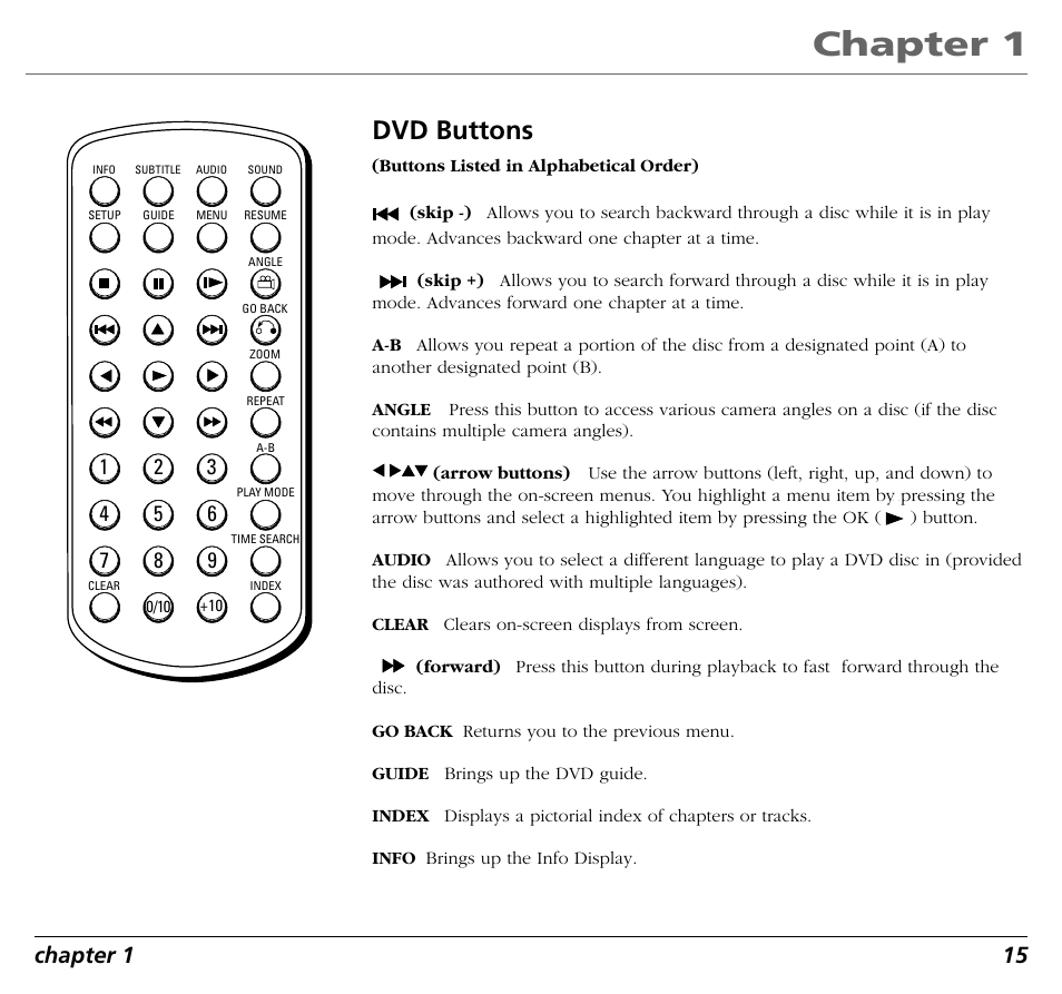 Chapter 1, Dvd buttons, Chapter 1 15 | RCA RC5400P User Manual | Page 19 / 78