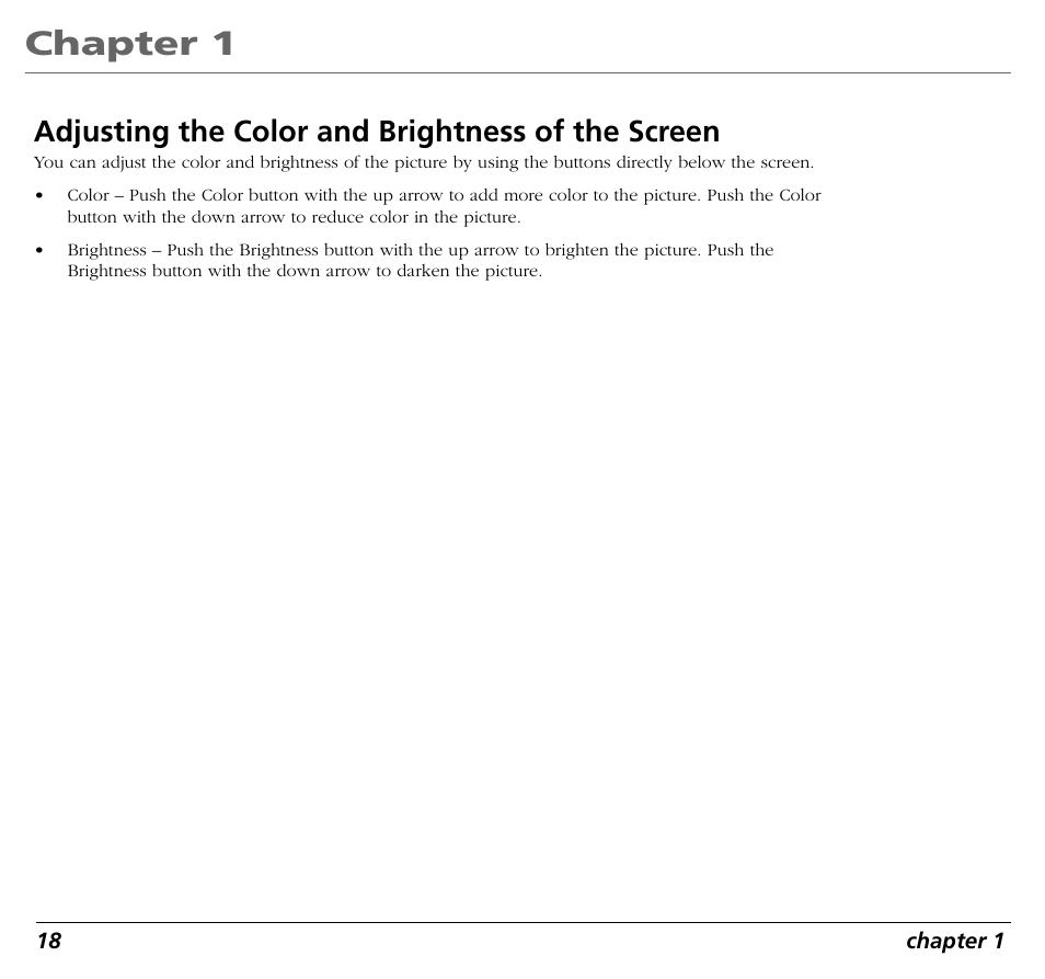 Chapter 1, Adjusting the color and brightness of the screen | RCA RC5400P User Manual | Page 22 / 78